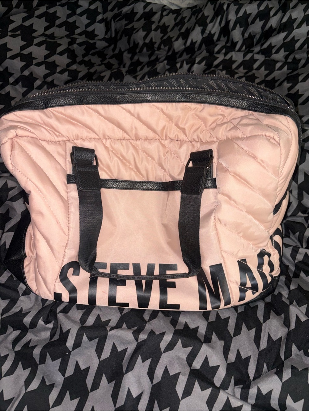 Steve Madden Blush Pink Quilted Duffel with Black Accents